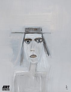 a painting of a woman with a hat on her head and one eye closed, in white