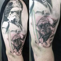 star wars tattoo on arm with yoda and darth vader