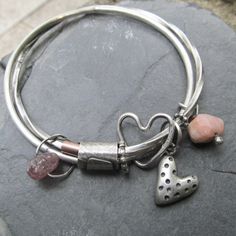 Sterling Silver Heart Bangle Bracelet Pink Gemstone Charm | Etsy Heart Bangle Bracelet, Long Silver Earrings, Gemstone Hoop Earrings, Silver Bangle Bracelet, Sterling Silver Bangle Bracelets, Wire Bangles, Love Jewelry, Bangle Bracelets With Charms, Silver Bangle Bracelets