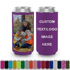 a purple can cooler with an image of two children and a dog on the side