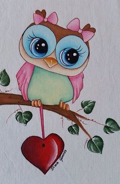 a painting of an owl sitting on a branch with a heart