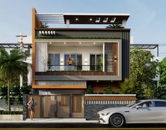 a car parked in front of a two story house with balconies and plants on the roof