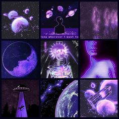 an image of the outer world in purple and blue colors with images of aliens, planets, and stars