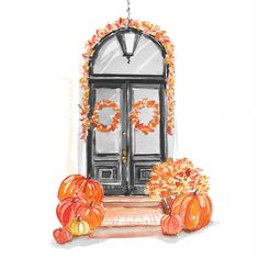 a watercolor painting of pumpkins and flowers in front of a door with an arch