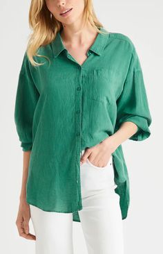 This oversized Bailey Button Down Shirt is made from a comfortable linen blend fabric with a shirt tail hem. Its neutral oasis green hue makes it a great option for everyday wear, and it's sure to become a reliable favorite. Pair with the matching wide leg linen pants, white denim or shorts. An easy, yet elevated summer style! Details 55% Linen, 45% Lyocell Machine Wash Cold Oversized, size down if you want more tailored look Spring Green Shirt With Roll-up Sleeves, Green Roll-up Sleeves Shirt For Spring, Green Summer Shirt With Roll-up Sleeves, Green Summer Shirt For Everyday Wear, Green Summer Shirt For Everyday, Everyday Green Summer Shirt, Green Linen Button-up Blouse, Everyday Spring Green Blouse, Green Linen Button-up Shirt