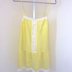 New And Unworn Extra Buttons Attached Lace Design On Front And Top Hem Yellow Sleeveless Top With Lace Trim, Yellow Lace Trim Sleeveless Top, Summer Vacation Sleepwear With Lace Trim, Victoria's Secret Summer Lace Trim Tops, Victoria's Secret Tops For Beach In Spring, Victoria's Secret Tops For Spring Beach, Victoria's Secret Tops For Spring Beach Occasion, Casual Yellow Tops With Lace Trim, Victoria's Secret Cami Sleepwear For Summer