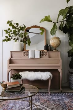 Living Room and Painted Piano Makeover for Deserving Single Mom - Nesting With Grace Styling Piano Living Rooms, Piano Decorating Ideas Modern, Self Playing Piano, Lamp On Piano, How To Style Piano, Living Room Upright Piano, Decor Over Piano, Piano Styling Upright, Piano Small Living Room