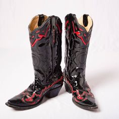 Y2k Corral Boots Cowboy Boots Black And Red Cowboy Boots From Y2k. Sized As A Women's Us 9. Made In Mexico. Genuine Leather. In Excellent Condition, No Damages But Wearing. Measurements Insole Length: 11" Toe Box Width: 2" Heel Height: 2" Total Shoe Height: 15" Black Patent Leather Boots With Snip Toe, Black Patent Leather Snip Toe Boots, Red Cowboy Outfit, Vampire Cowboy, Goth Cowboy, Cowboy Boots Black, Red Cowboy Boots, Corral Boots, Boots Cowboy