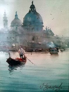 a painting of a man in a gondola on the water next to a large building