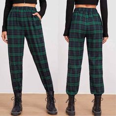 Green Plaid Highwaist Pants Casual High Waist Bottoms For Winter, High Waist Casual Pants For Winter, Casual High-waist Winter Bottoms, Casual High Waist Winter Bottoms, Casual High Waist Pants For Winter, Green Pants With Elastic Waistband For Fall, Green Elastic Waistband Pants For Fall, Trendy Plaid Bottoms For Winter, Casual Baggy Plaid Bottoms