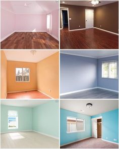 four different rooms with blue walls and white trim on the doors, windows, and wood flooring