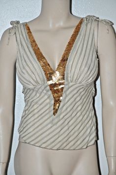 Pretty Tan Striped Gold Sequin trim Ties at back fitted Lightweight blouse Glam #ysusa #Blouse #Clubwear Pin Up Fashion, Pretty Tan, Hippie Grunge, Stunning Tops, Peasant Style, Native American Fashion