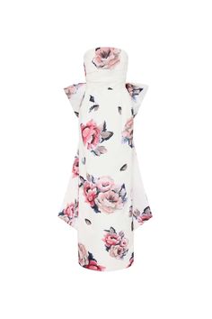 a white dress with pink flowers on the front and back, asymmetrically designed