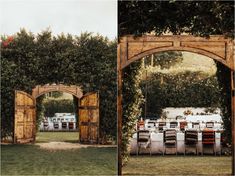 an outdoor dining area with tables and chairs set up for a wedding reception, surrounded by greenery