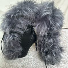 Gorgeous Fur Lace Up Heeled Boots. Eu 37. Never Worn. Only Selling Because They Are A Size Too Big. Black Leather With Black, Gray, And White Fur Heel Height 11 Cm Chic Gray Winter Boots, Gray High Heel Winter Boots, Gray High Heel Boots For Party, Gray High Heel Party Boots, Elegant Gray Winter Boots, Ralph Lauren Heels, Sparkly High Heels, Gold Platform Heels, Womens High Heel Boots