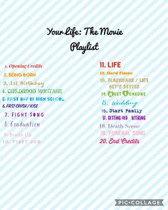 the poster for your life, the movie playlist is shown in different colors and font