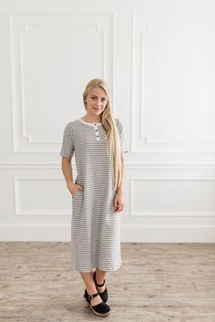 This modest dress has short sleeves and stripes. The stripes are light grey and white. It is midi and great for summer, fall, and spring. It is also nursing friendly with the buttons. Buy now! #stripeddress #modest Nursing Friendly Dress, Modest Maxi Dress, Modest Maxi, V Neck Prom Dresses, Boat Neck Dress, Short Homecoming Dress, Dress Halter