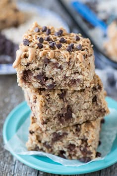 three chocolate chip granola bars stacked on top of each other