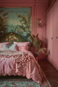 a bed with pink sheets and pillows on top of it in a room filled with furniture