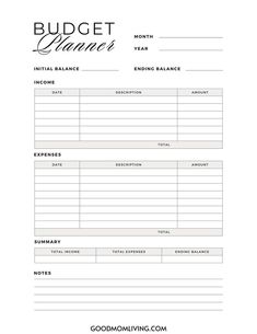 Budget planner template with sections for month, year, initial balance, ending balance, income, expenses, summary, and notes.