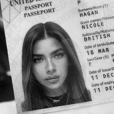 an id card with a woman's face and name on it, in black and white