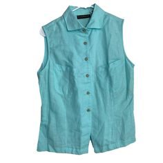 Harve Bernard Womens Top Blouse Sleeveless Linen Blend Button Front Green New With Tags. 55% Linen 45% Cotton Machine Wash. Sleeveless Tops With Button Closure For Work, Sleeveless Buttoned Tops For Work, Sleeveless Tops With Snap Buttons For Work, Sleeveless Tops With Back Button Closure For Spring, Casual Sleeveless Vest With Snap Buttons, Sleeveless Tops For Work With Back Button Closure, Casual Daywear Vest With Buttons, Casual Vest With Buttons For Daywear, Classic Summer Vest With Buttons