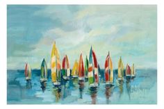 an oil painting of sailboats in the water