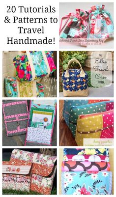 many different bags and purses with the words, 20 patterns to travel handmade