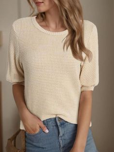 Womens Casual Crewneck Lantern Short Sleeve Blouse Waffle Knit Pullover Tops Beige Casual  Half Sleeve Knitted Fabric Plain  Slight Stretch All Women Clothing, size features are:Bust: ,Length: ,Sleeve Length: Waffle Knit Top, Womens Casual, Knit Pullover, Knitwear Women, Waffle Knit, Short Sleeve Blouse, Half Sleeve, Maternity Bag, Knitted Pullover