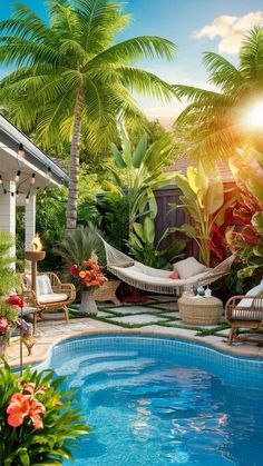 an outdoor pool with hammock chairs and palm trees in the background, surrounded by greenery