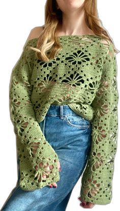 Green Long Sleeve Crochet Top For Fall, Bohemian Winter Tops With Crochet Trim, Bohemian Tops With Crochet Trim For Winter, Fitted Bohemian Crochet Crew Neck Top, Green Open Knit Crochet Top For Fall, Fitted Long Sleeve Crochet Top For Festival, Fall Green Open Knit Crochet Top, Fitted Crew Neck Crochet Top, Fitted Crochet Lace Top With Crew Neck