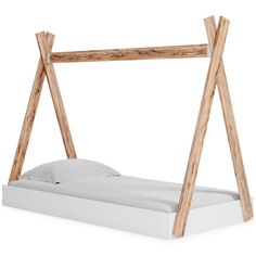 a bed frame with two wooden posts attached to the top and bottom, on a white background