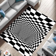 a black and white area rug in the middle of a living room