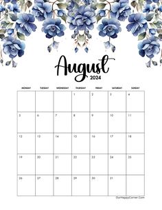 the august calendar with blue flowers on it