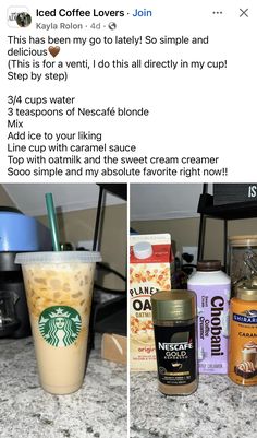 starbucks coffee drinks are on the counter next to each other, and there is an instagram post about them