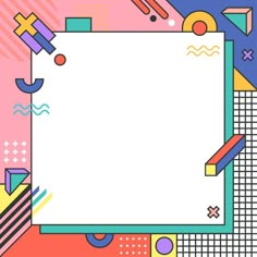 an abstract geometric background with a white square in the middle and colorful shapes around it