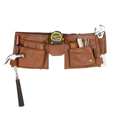 a tool belt with tools in it and a wrench hanging from the back pocket