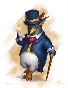 a bird dressed in a blue suit and top hat, holding a cane with one hand