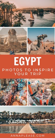 egypt with the words egypt on it and pictures of boats, palm trees, and other things