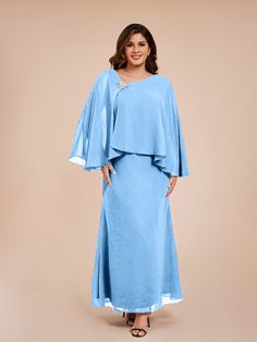 Blue Flowy Georgette Mother Of The Bride Dress For Wedding, Elegant Blue Chiffon Dress For Wedding Guest, Elegant Chiffon Evening Dress For Mother Of The Bride, Blue Chiffon Evening Dress For Wedding Guest, Elegant Light Blue Georgette Dress, Blue Chiffon Evening Dress For Mother Of The Bride, Blue Chiffon Mother Of The Bride Dress, Blue Floor-length Dress For Mother Of The Bride, Mother Of The Bride Looks