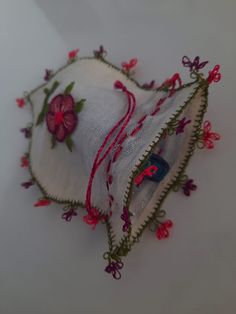 an embroidered piece of cloth with flowers on it