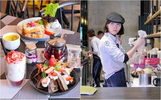 a woman standing in front of a table filled with food and drink glasses on top of it