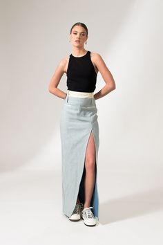 The Mae Skirt is a regular fit, long skirt, crafted from a fine cotton denim. This skirt has a straight cut shape, with mid rise deconstructed crotch seam detail complemented by checquered pattern jacquard silk and finished with French seams. This sustainable skirt is tailor made and on demand. It takes us 6 hours to make this skirt. PLEASE ALLOW 1-5 BUSINESS DAYS FOR PRODUCTION Chic Non-stretch Denim Skirt, Mid-rise Cotton Relaxed Denim Skirt, Luxury Mid-rise Denim Skirt, Chic Non-stretch Cotton Denim Skirt, Black Mid-rise Cotton Denim Skirt, Smooth Jazz Music, Winter Trench Coat, Cool Face, Denim Maxi Skirt