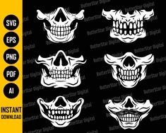 skulls with fangs and teeth on black background, set of six svg files for cutting