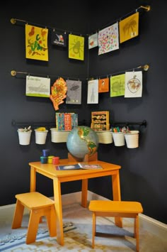 a child's table and chair in front of a wall with pictures on it