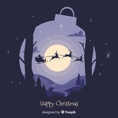 a christmas bag with santa flying through the sky