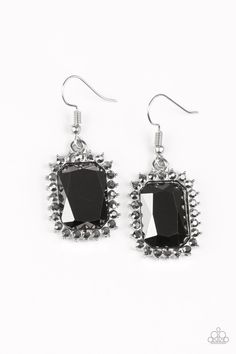 Paparazzi Downtown Dapper Black Fishhook Earrings Featuring a regal emerald-style cut, a glittery black gem is pressed into a sleek silver frame radiating with dainty hematite rhinestones. Earring attaches to a standard fishhook fitting. Sold as one pair of earrings. Emerald Style, Black Gems, Pink Gem, Gem Earrings, Fish Hook Earrings, Silver Jewelry Fashion, Paparazzi Accessories, Black Earrings, Paparazzi Jewelry