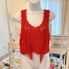 Never Worn~ Super Cute And Hangs Great! Zara Red Beach Top, Zara Red Top For Beach, Casual Red Crochet Top For Festival, Red Crochet Sleeveless Top, Casual Red Crochet Knit Top, Red Knit Crochet Top For Summer, Red Crochet Top For Spring, Red Knit Top For Beach, Red Open Knit Top