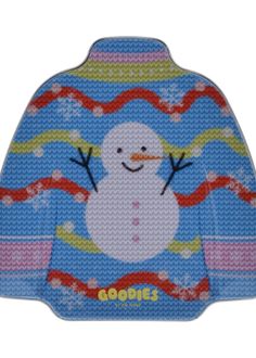 a knitted snowman with colorful stripes on it