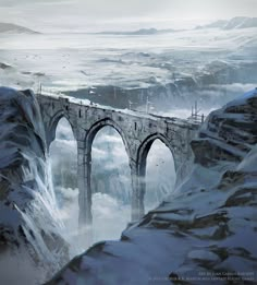 a painting of a bridge in the middle of some mountains with snow on them and people standing on it